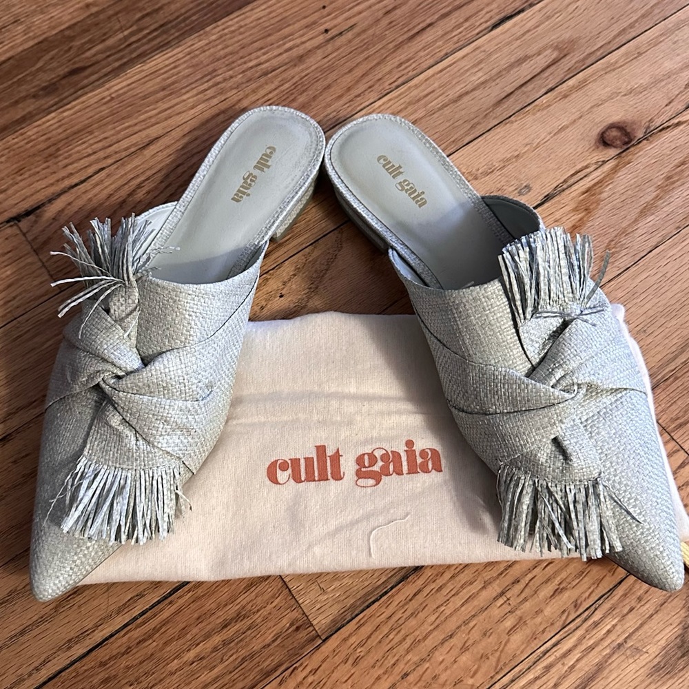 Cult Gaia NWT Mint Green Raffia Flat Slides size 40
